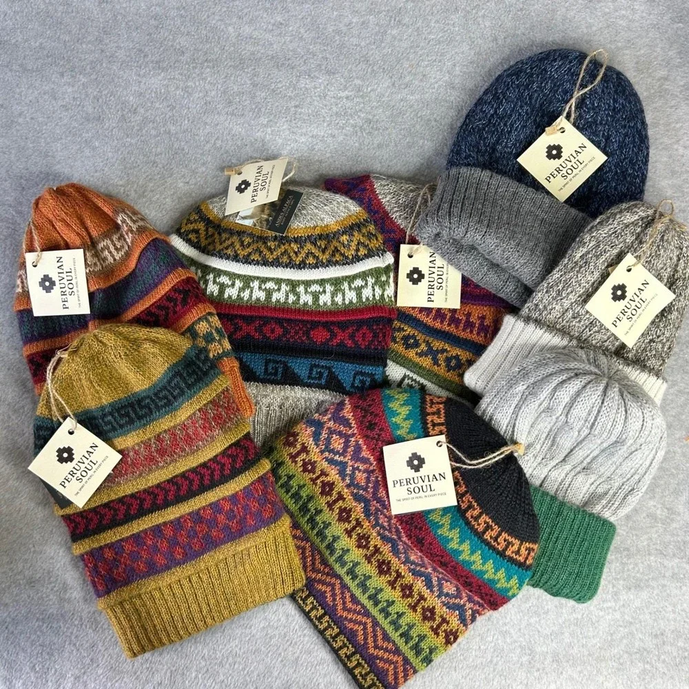 Peruvian Soul Baby Alpaca Beanie Hat Reversible Gray Yellow Ribbed‎ Knit Winter